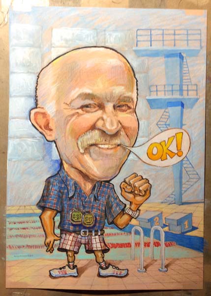Рисунок пастелью тренера по плаванию шаржист Михаил Шабалин