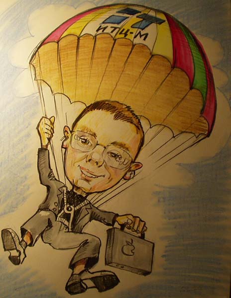 Парашутист цветными мелками шаржист Михаил Шабалин, шаржист Мишель 