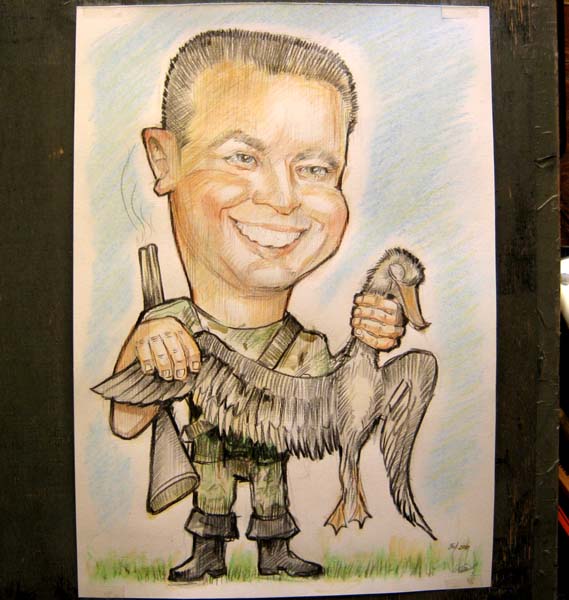 Охотник с трофейной уткой пастелью шаржист Михаил Шабалин, шаржист Мишель 